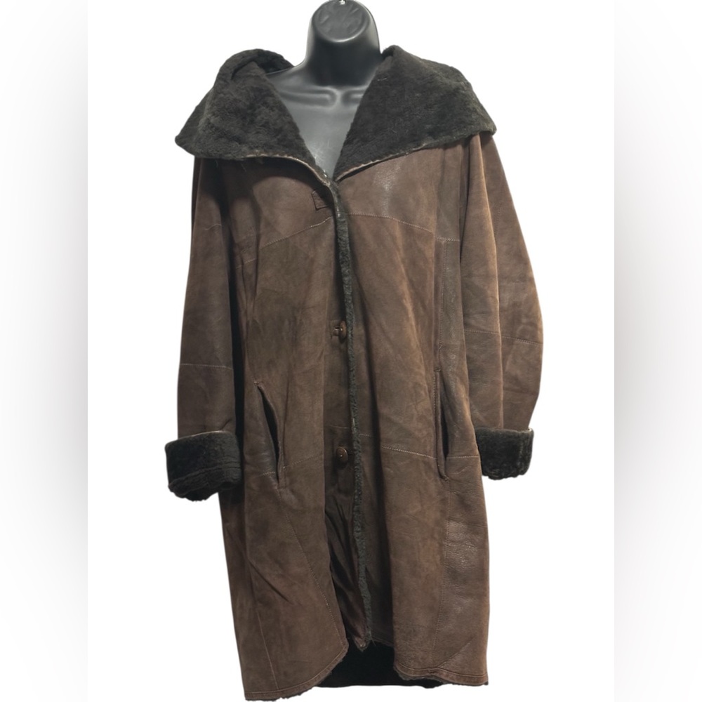 Vintage Brown Shearling Coat with Fur Trim